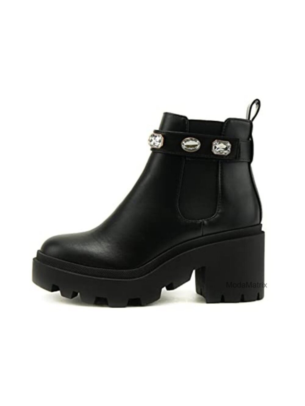 Mid Heel Chelsea Ankle Bootie Studded Elastic Gore Block Heel